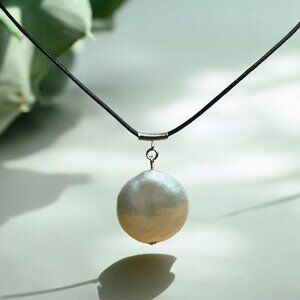 Freshwater Coin Pearl with Black Cord Necklace